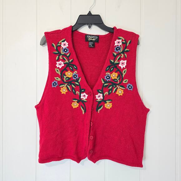 Vintage Sweater Vest Pronto Gold Floral Embroidered Red Knit Buttons L - Picture 1 of 8
